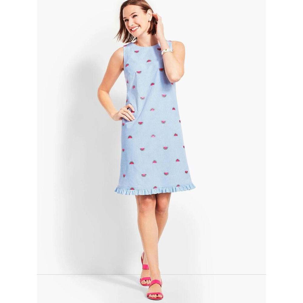 Talbots Blue & White Seersucker Embroidered Watermelon Print Shift Dress Sz 6 - Picture 2 of 11